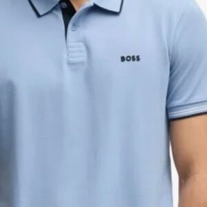 White polo with thin stripes polo color, short sleeve, baby blue, small striped‎